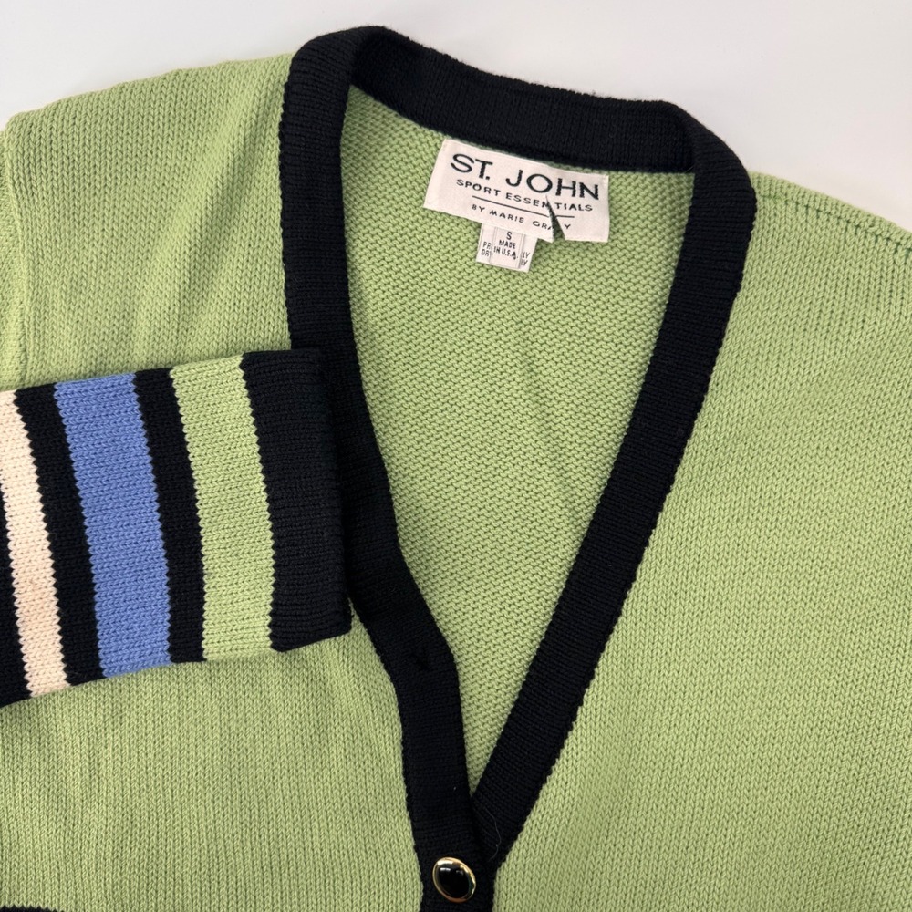 St. John Sport Essentials Cardigan Womens S Green Striped V-Neck Button Front